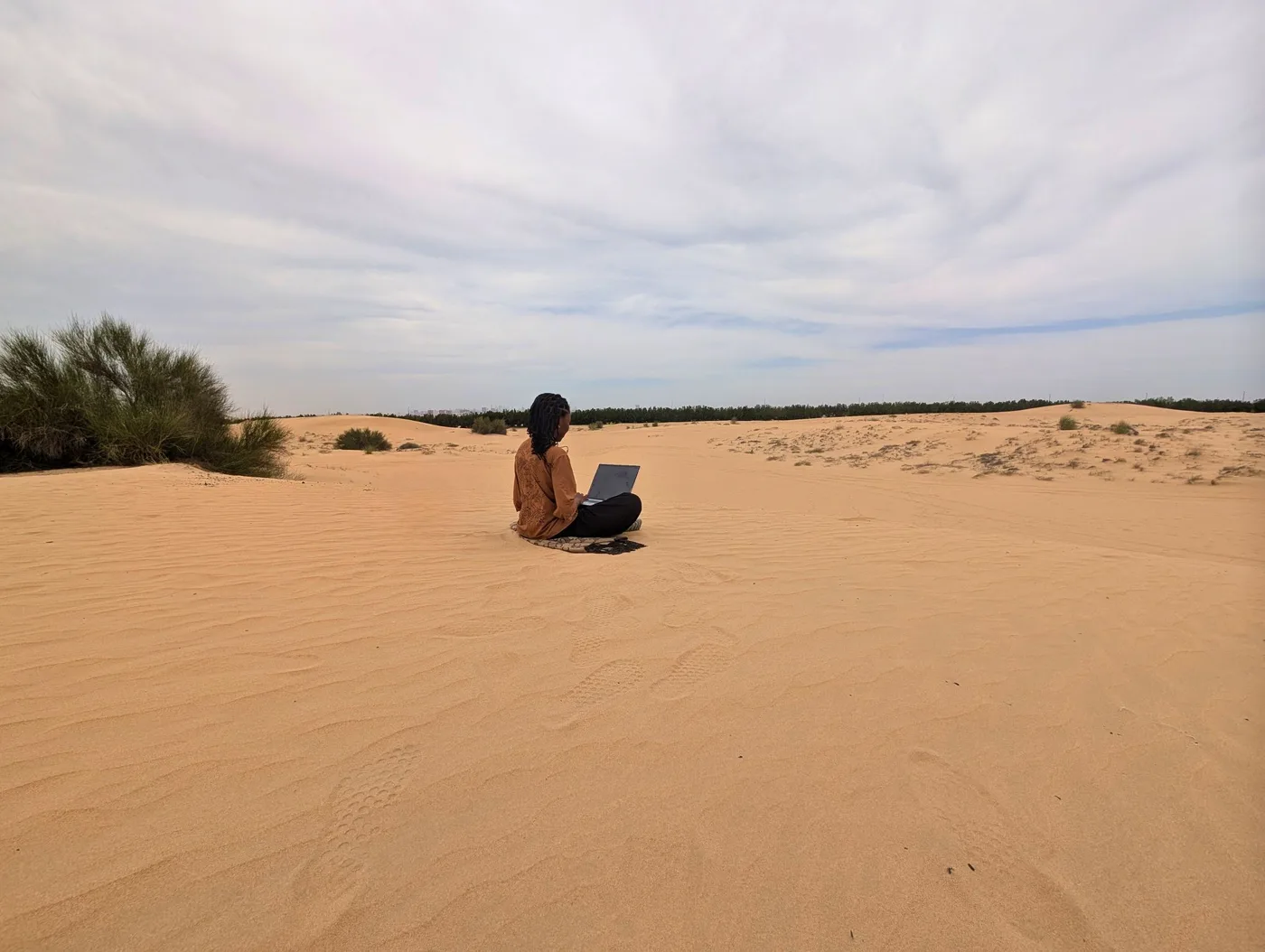 Working on a laptop in the desert
