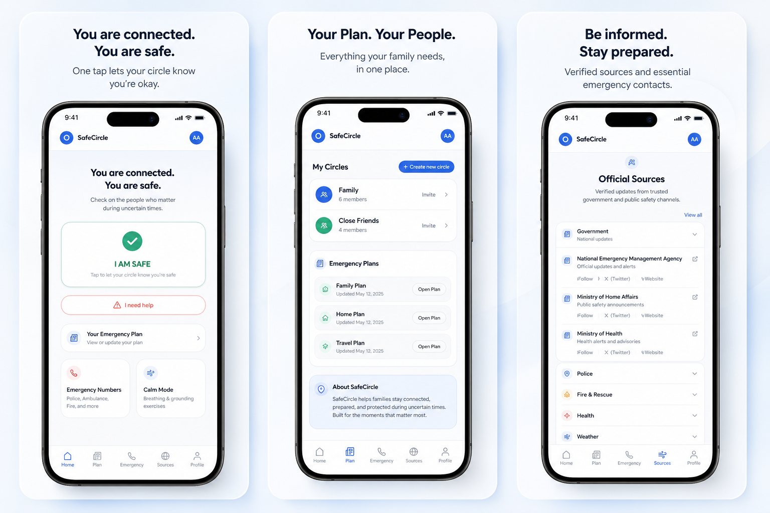 SafeCircle app mockup on three phones